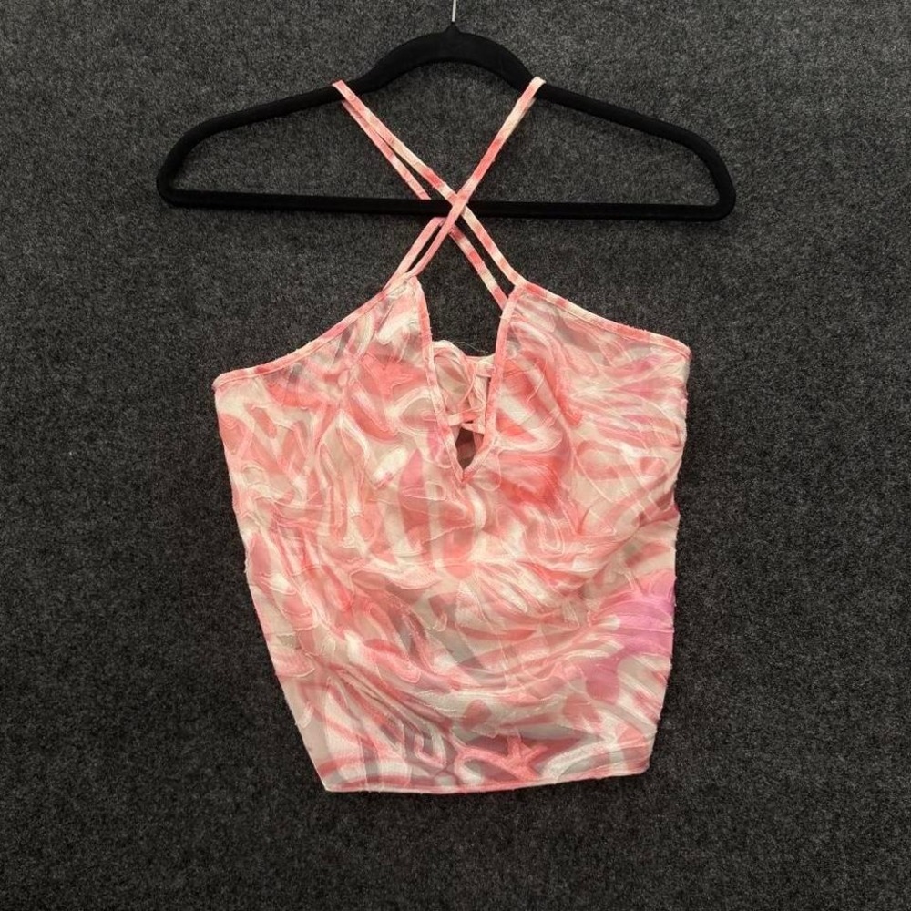 Y2K Mesh Cami Top Women's Small Pink Sheer Party Club Crop